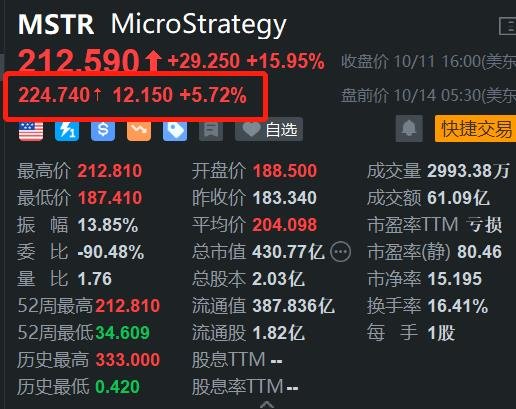 加密货币概念股MicroStrategy盘前续涨5.7% 月内累计涨幅达26%